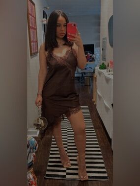 Zara Satin Lace-Trim Slip Dress - Chocolate